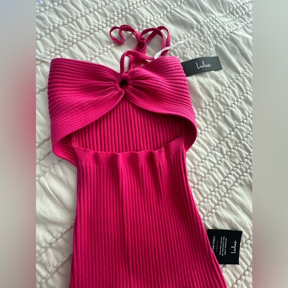 NWT Lulus Leading the Trends Hot Pink Ribbed Knit Cutout Halter Midi Dress - Picture 3 of 5